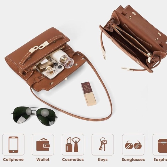 Designer look mini Brown Leather  Bag with crossbody strap - Picture 5 of 6